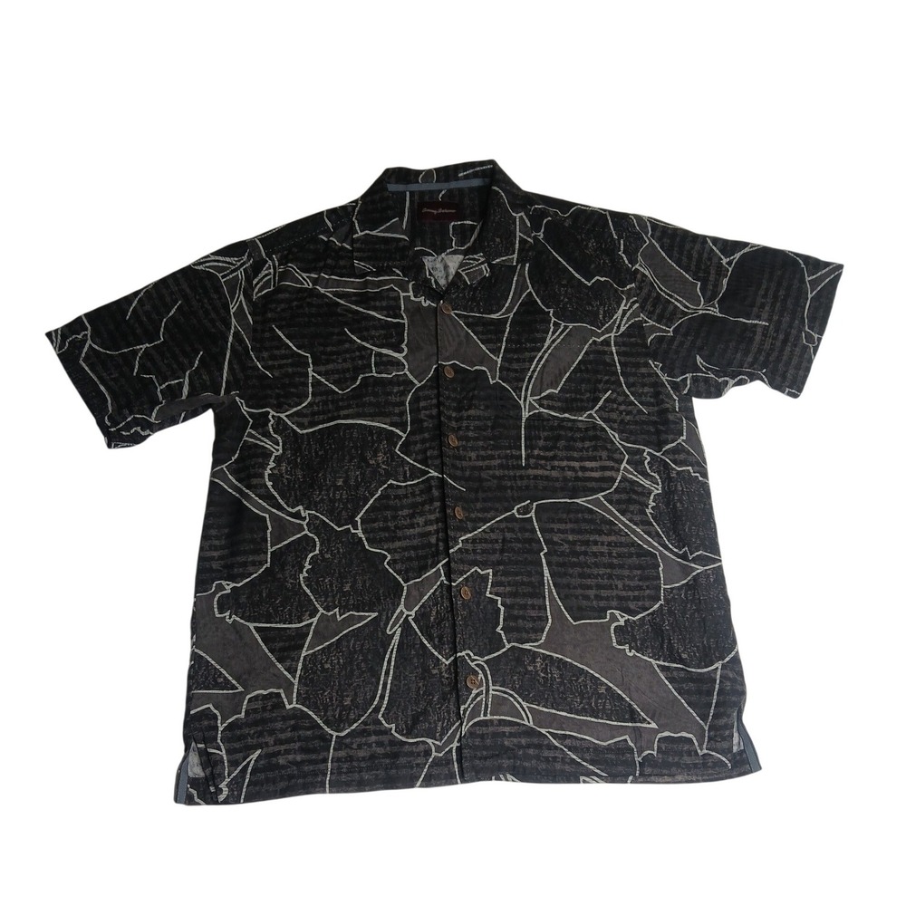 Tommy Bahama Button Down Shirt Mens Medium Black Silk Abstract Leaf Camp Collar